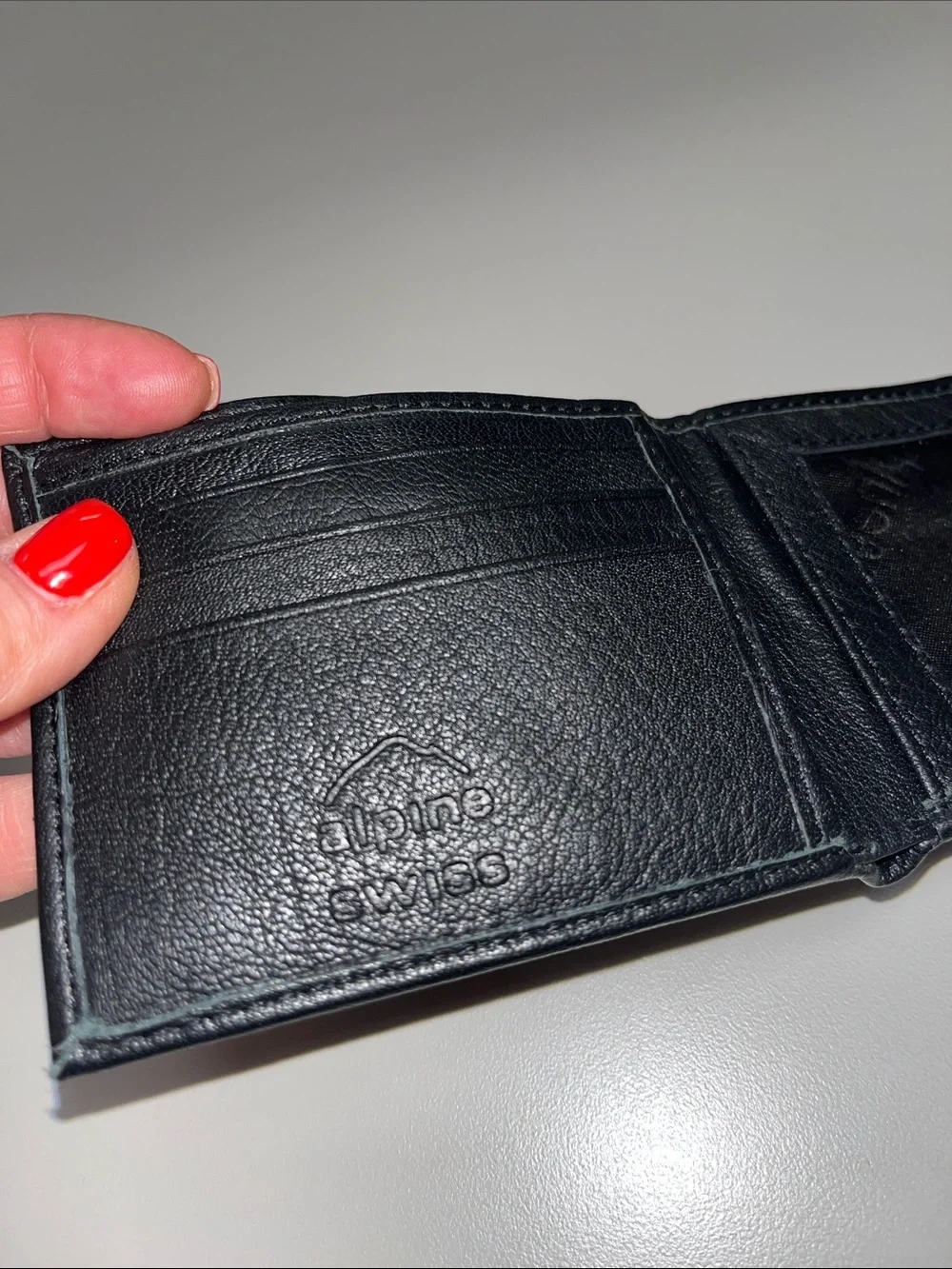 Alpine Swiss Black Leather Bi-Fold Wallet with Red Swiss Emblem